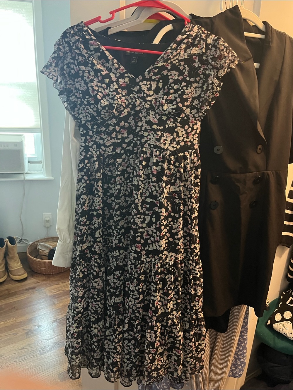 Banana Republic Black Floral Midi Dress with White and Pink Accents